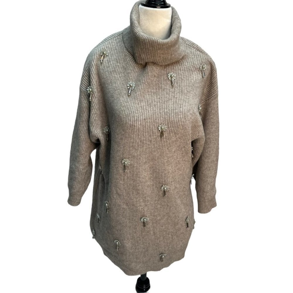 𝅺picadilly Beige 3/4 Sleeve Cowl Neck Sweater Jewel Detailing Size S